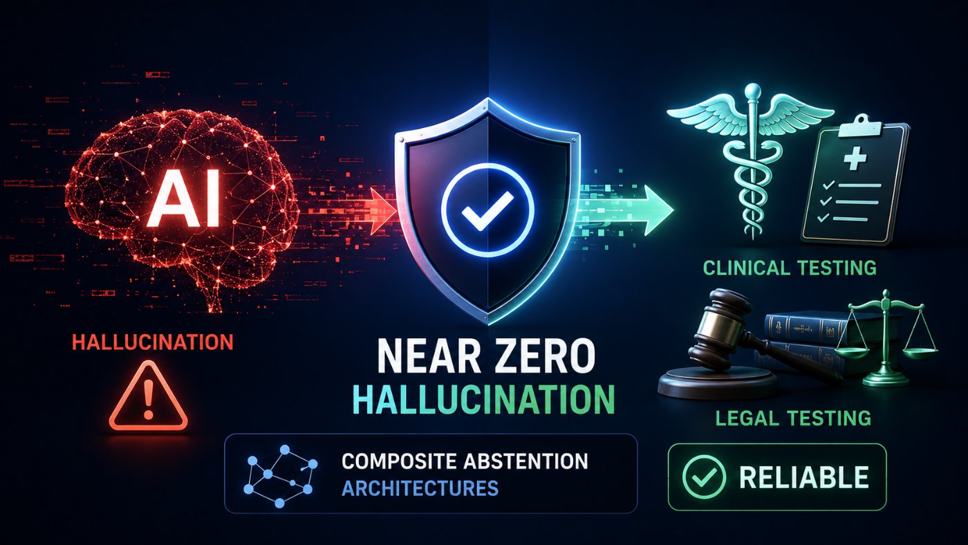 Composite Abstention Architectures Cut AI Hallucination to Near Zero in Clinical and Legal Testing